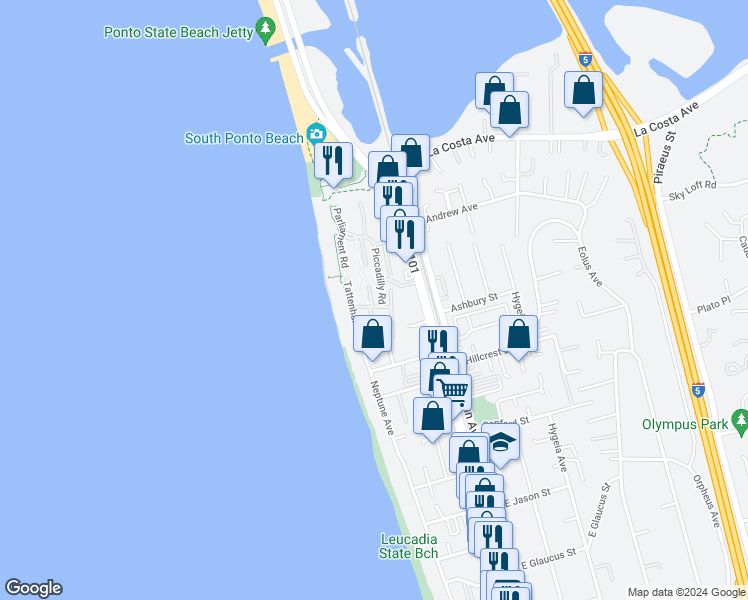 map of restaurants, bars, coffee shops, grocery stores, and more near 1745 Whitehall Road in Encinitas