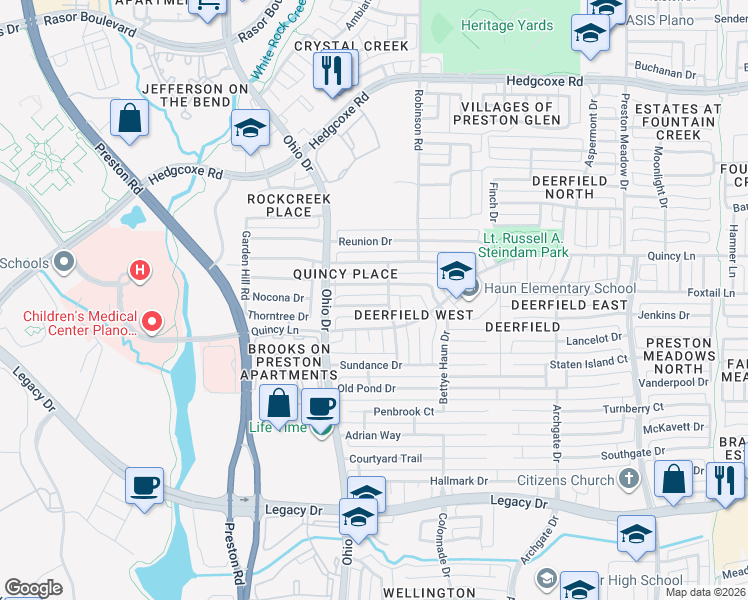 map of restaurants, bars, coffee shops, grocery stores, and more near 4657 Thanksgiving Lane in Plano
