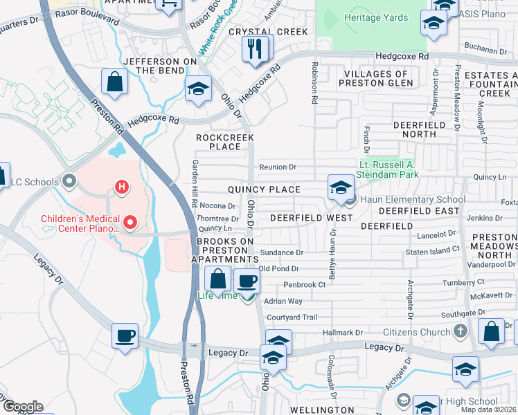 map of restaurants, bars, coffee shops, grocery stores, and more near 4685 Thanksgiving Lane in Plano
