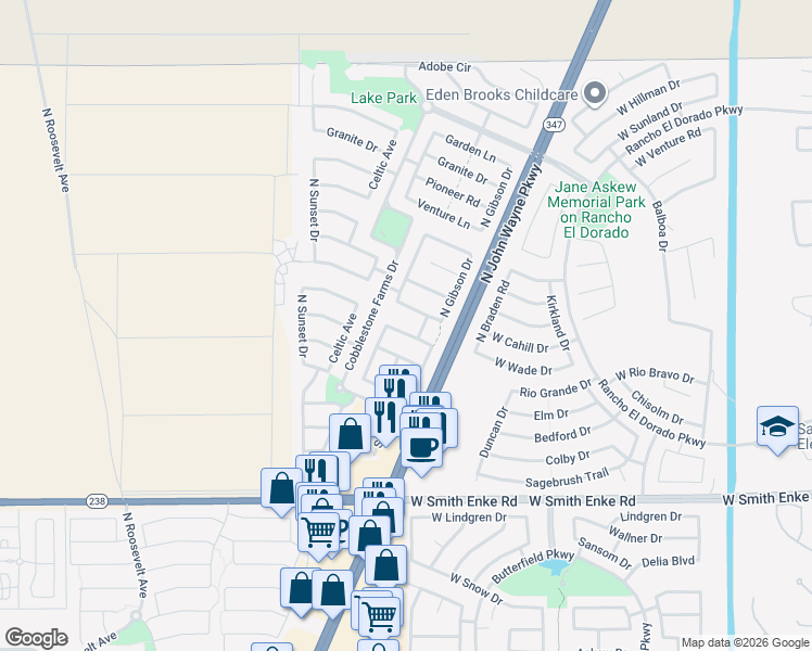 map of restaurants, bars, coffee shops, grocery stores, and more near 44294 Rhinestone Road in Maricopa