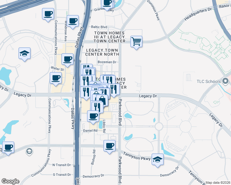 map of restaurants, bars, coffee shops, grocery stores, and more near 5717 Legacy Drive in Plano