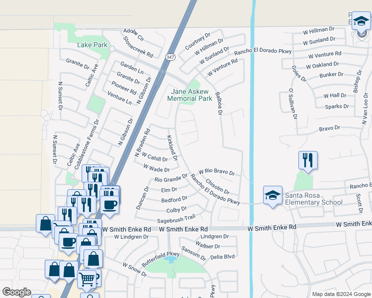 map of restaurants, bars, coffee shops, grocery stores, and more near 43595 Bravo Court in Maricopa