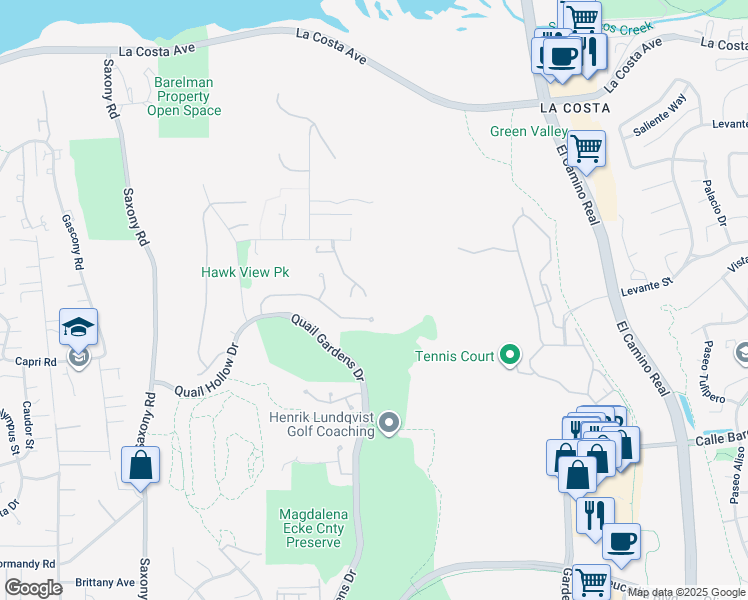 map of restaurants, bars, coffee shops, grocery stores, and more near 1601 Aryana Drive in Encinitas