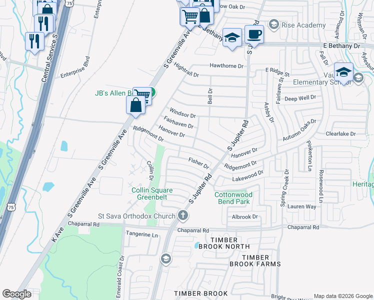 map of restaurants, bars, coffee shops, grocery stores, and more near 540 Ridgemont Drive in Allen