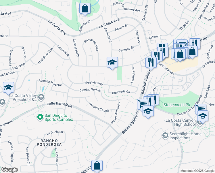 map of restaurants, bars, coffee shops, grocery stores, and more near 7831 Quebrada Circle in Carlsbad