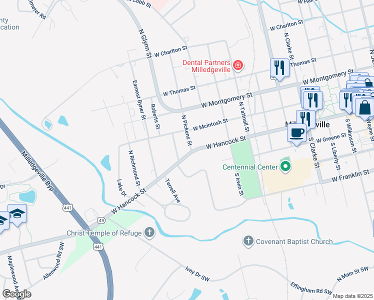 map of restaurants, bars, coffee shops, grocery stores, and more near 1001 West Hancock Street in Milledgeville