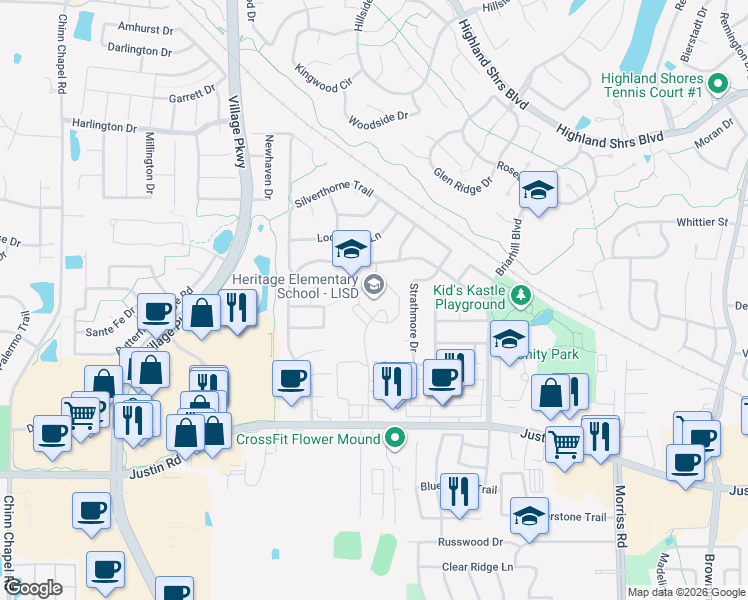 map of restaurants, bars, coffee shops, grocery stores, and more near 100 Barnett Boulevard in Highland Village