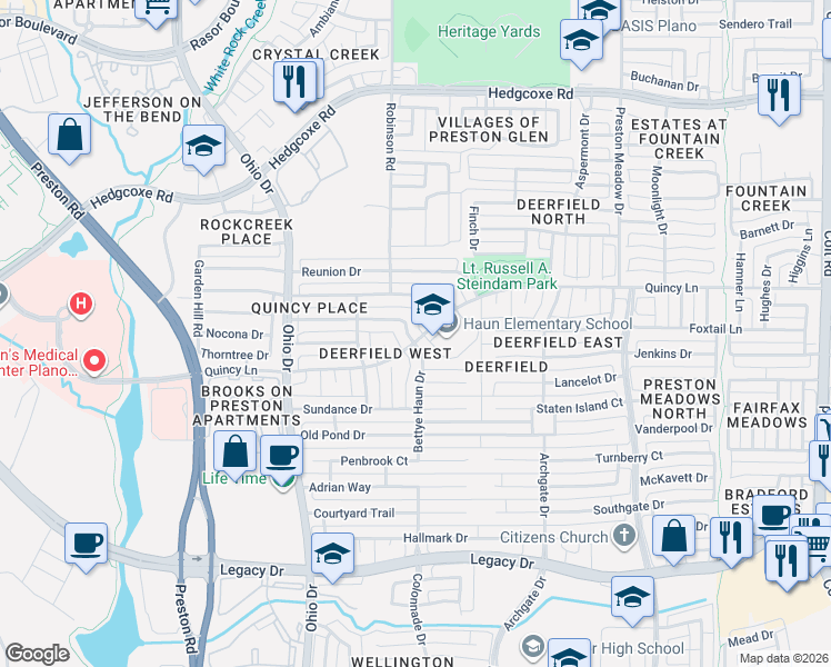 map of restaurants, bars, coffee shops, grocery stores, and more near 7300 Penny Place in Plano
