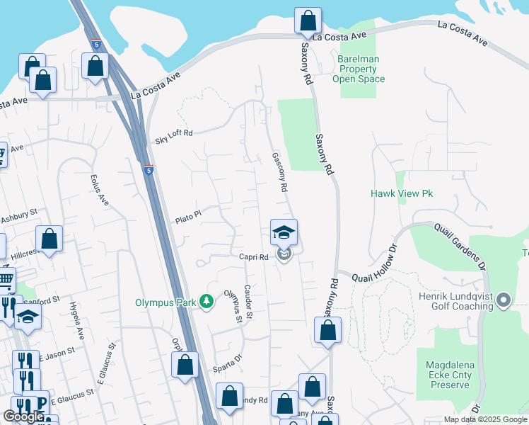map of restaurants, bars, coffee shops, grocery stores, and more near 1605 Burgundy Road in Encinitas