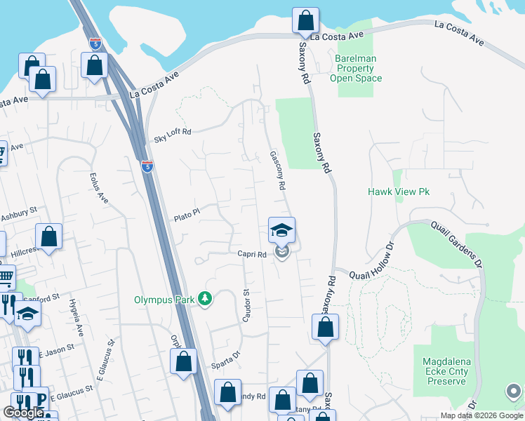 map of restaurants, bars, coffee shops, grocery stores, and more near 1585 Burgundy Road in Encinitas