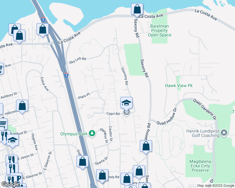 map of restaurants, bars, coffee shops, grocery stores, and more near 1605 Burgundy Road in Encinitas