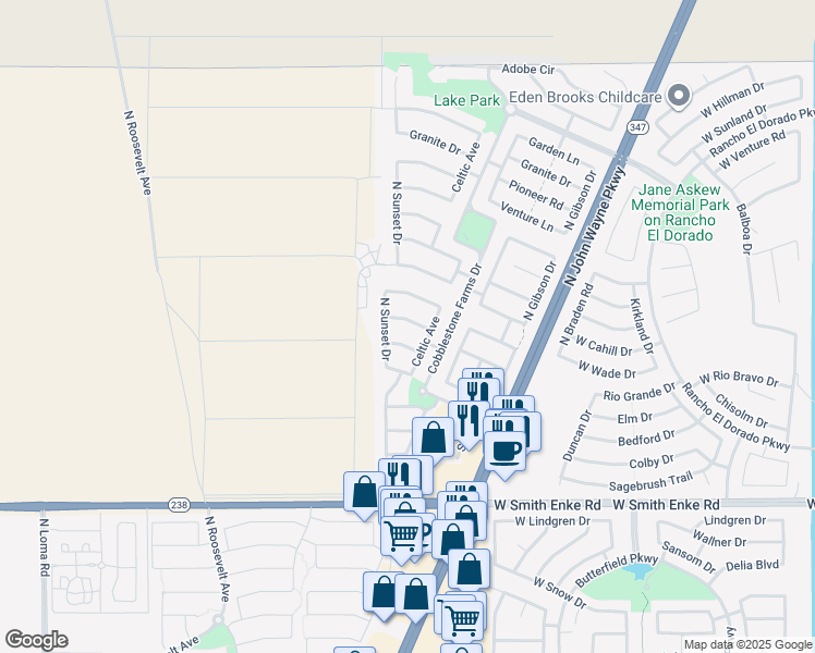 map of restaurants, bars, coffee shops, grocery stores, and more near 44487 Rhinestone Road in Maricopa