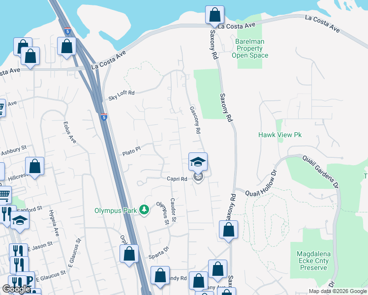 map of restaurants, bars, coffee shops, grocery stores, and more near 1585 Burgundy Road in Encinitas
