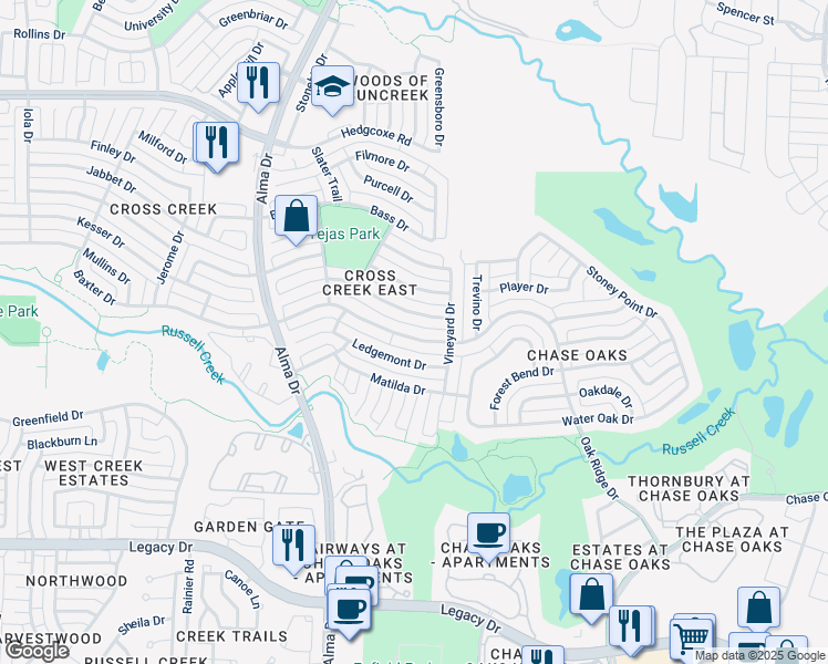 map of restaurants, bars, coffee shops, grocery stores, and more near 824 Baxter Drive in Plano