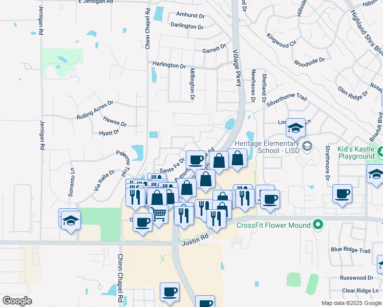 map of restaurants, bars, coffee shops, grocery stores, and more near 702 Live Oak Lane in Highland Village