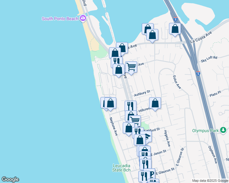 map of restaurants, bars, coffee shops, grocery stores, and more near 1752 Kennington Road in Encinitas