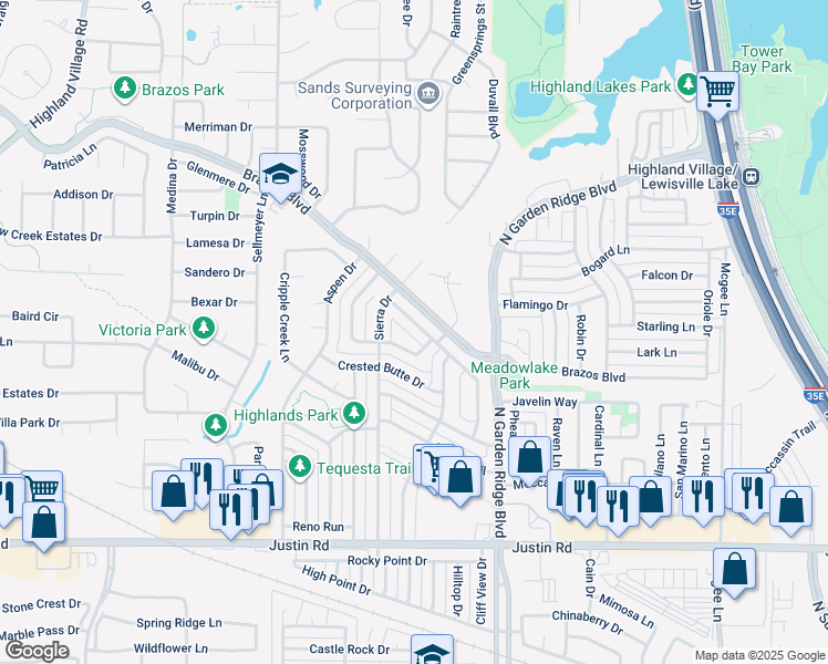 map of restaurants, bars, coffee shops, grocery stores, and more near 1536 Steamboat Trail in Lewisville