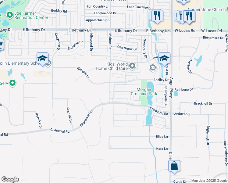 map of restaurants, bars, coffee shops, grocery stores, and more near Klondike Lane in Allen