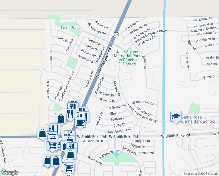 map of restaurants, bars, coffee shops, grocery stores, and more near 43804 West Carey Drive in Maricopa