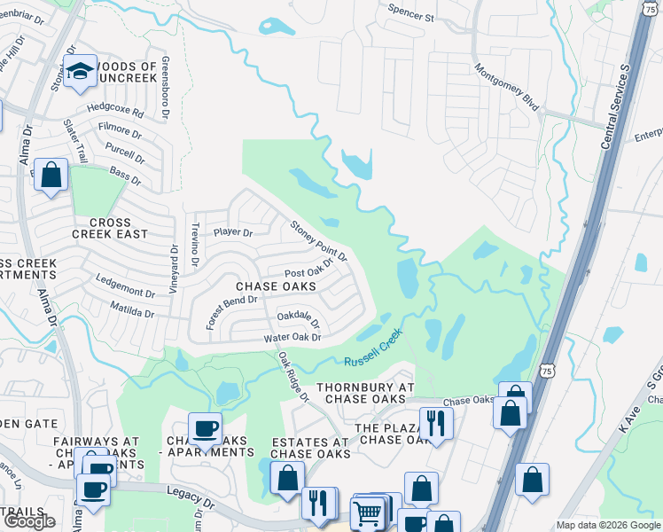 map of restaurants, bars, coffee shops, grocery stores, and more near 608 Post Oak Drive in Plano