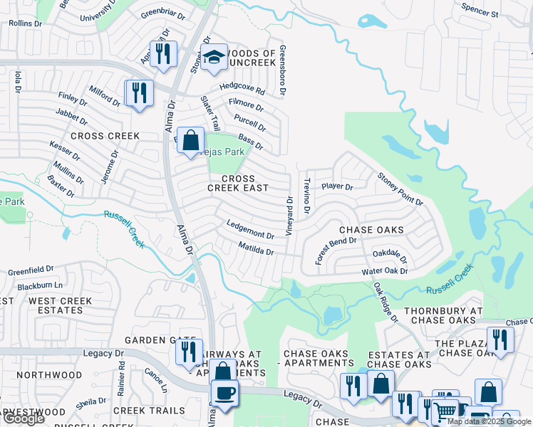 map of restaurants, bars, coffee shops, grocery stores, and more near 824 Baxter Drive in Plano