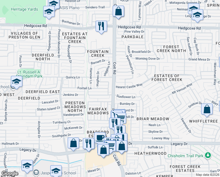 map of restaurants, bars, coffee shops, grocery stores, and more near 7404 Wildflower Drive in Plano