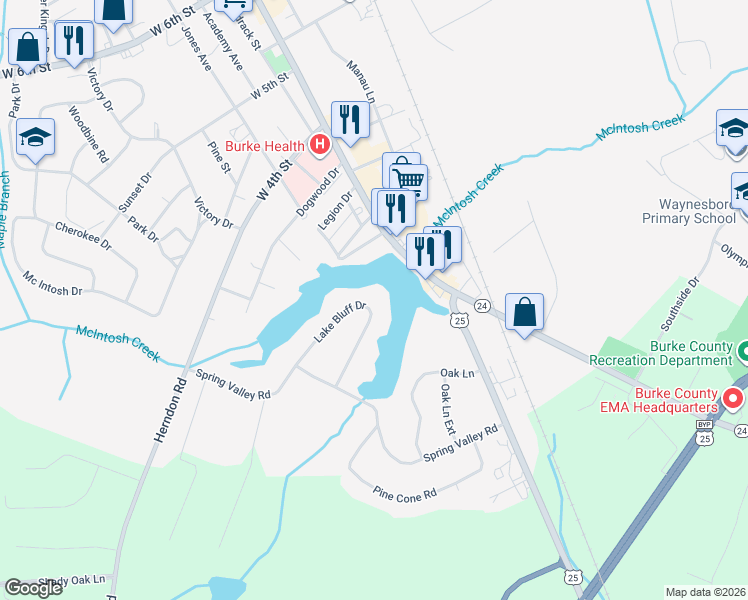 map of restaurants, bars, coffee shops, grocery stores, and more near 125 Lake Bluff Drive in Waynesboro