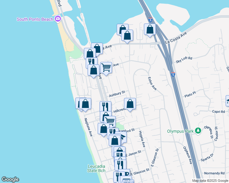 map of restaurants, bars, coffee shops, grocery stores, and more near 1727 Eucalyptus Avenue in Encinitas