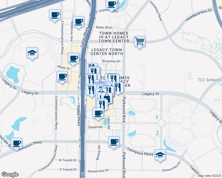 map of restaurants, bars, coffee shops, grocery stores, and more near 5717 Legacy Drive in Plano