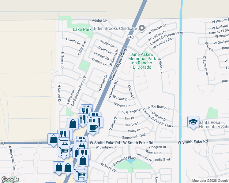 map of restaurants, bars, coffee shops, grocery stores, and more near 43925 West Carey Drive in Maricopa