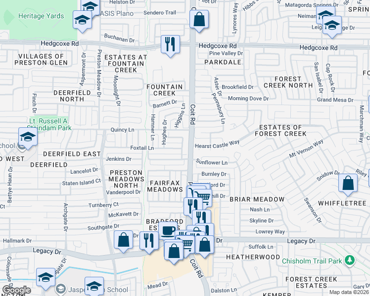 map of restaurants, bars, coffee shops, grocery stores, and more near 7404 Wildflower Drive in Plano