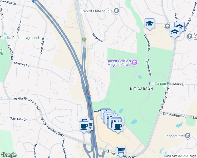 map of restaurants, bars, coffee shops, grocery stores, and more near 3042 El Ku Avenue in Escondido