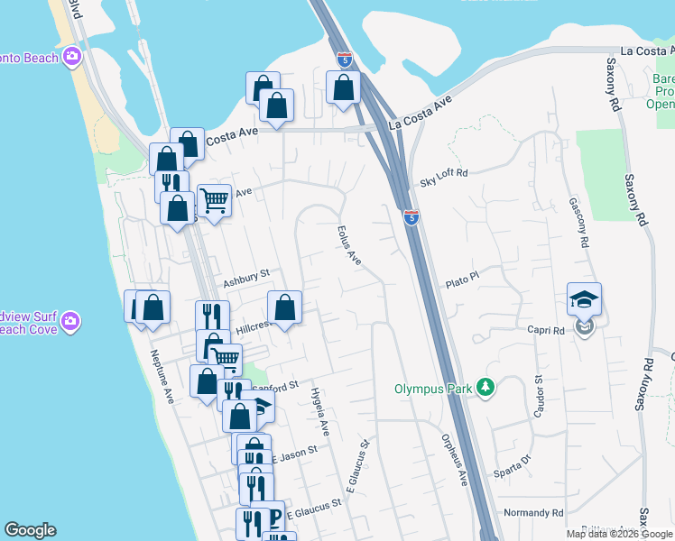 map of restaurants, bars, coffee shops, grocery stores, and more near 402 Parkwood Lane in Encinitas