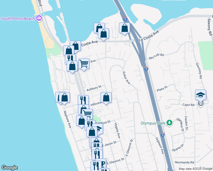 map of restaurants, bars, coffee shops, grocery stores, and more near 1685 Tabletop Way in Encinitas