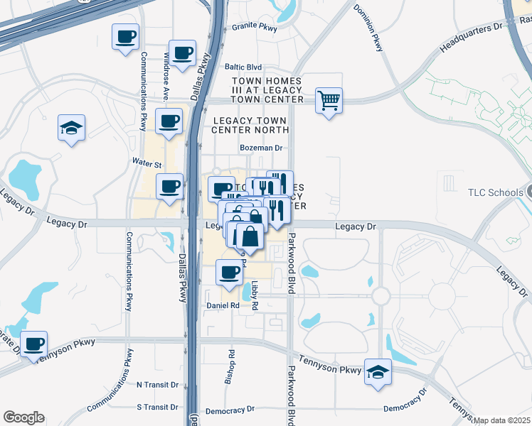 map of restaurants, bars, coffee shops, grocery stores, and more near in Plano