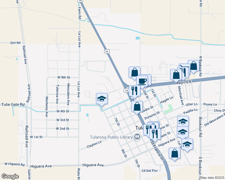 map of restaurants, bars, coffee shops, grocery stores, and more near 1101 Lawrence Drive in Tularosa