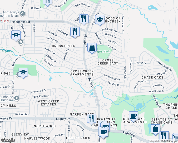 map of restaurants, bars, coffee shops, grocery stores, and more near 1029 Ledgemont Drive in Plano