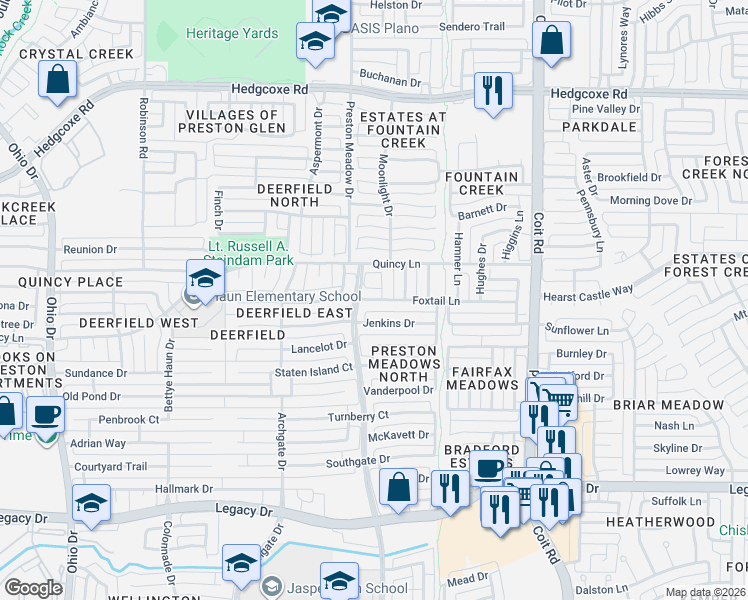 map of restaurants, bars, coffee shops, grocery stores, and more near 4417 Jenkins Drive in Plano