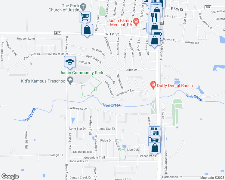 map of restaurants, bars, coffee shops, grocery stores, and more near 216 Cedar Crest Drive in Justin