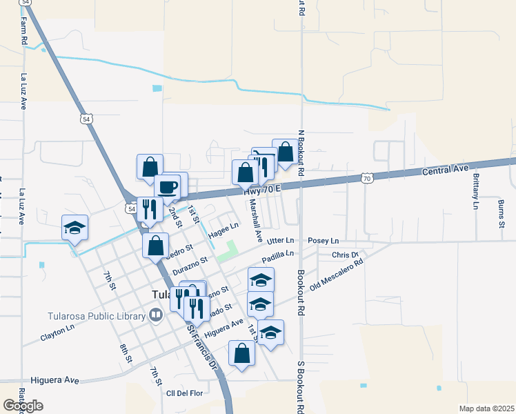 map of restaurants, bars, coffee shops, grocery stores, and more near 1100 Hagee Lane in Tularosa
