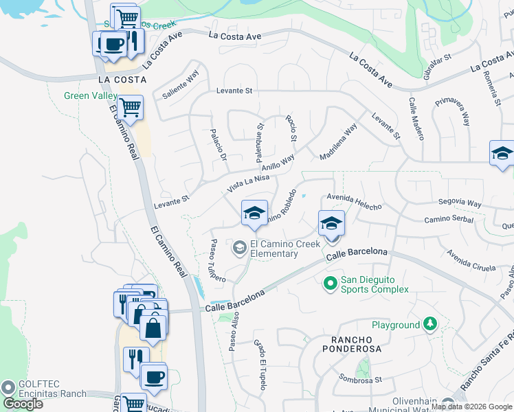 map of restaurants, bars, coffee shops, grocery stores, and more near 2221 Corte Ananas in Carlsbad