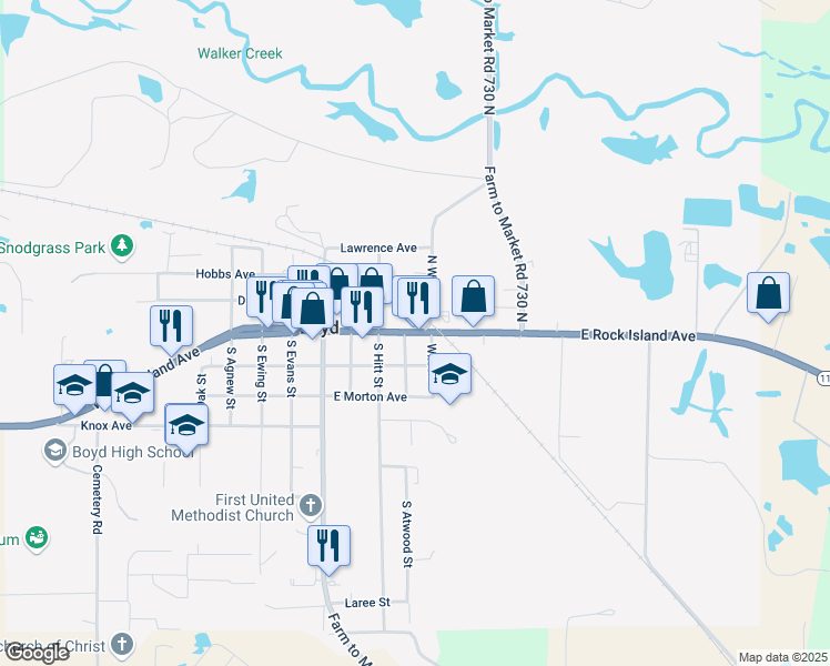 map of restaurants, bars, coffee shops, grocery stores, and more near 400 East Rock Island Avenue in Boyd