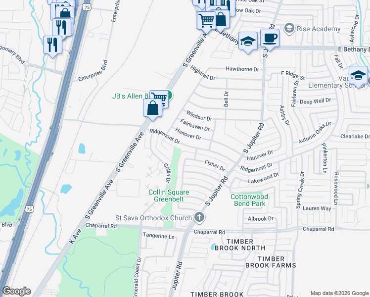 map of restaurants, bars, coffee shops, grocery stores, and more near 1101 Matagorda Drive in Allen