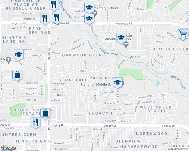 map of restaurants, bars, coffee shops, grocery stores, and more near 1821 Antwerp Avenue in Plano