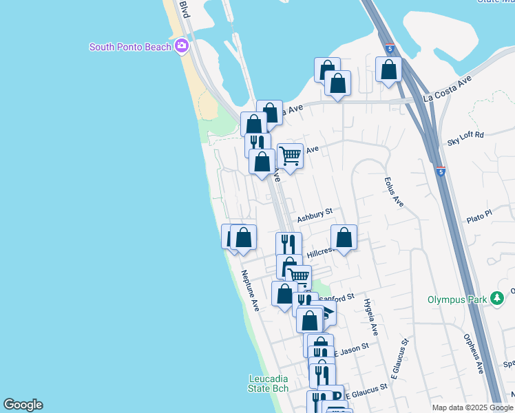 map of restaurants, bars, coffee shops, grocery stores, and more near 1755 Kennington Road in Encinitas