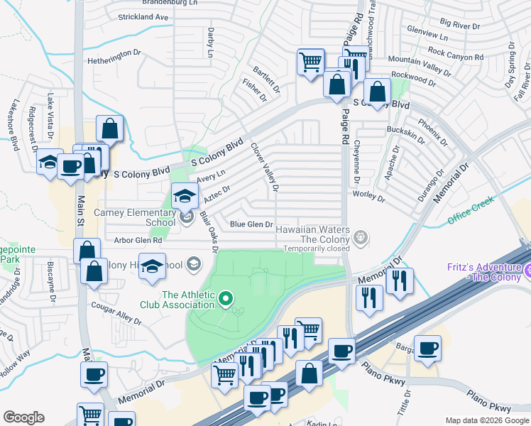 map of restaurants, bars, coffee shops, grocery stores, and more near 5056 Blue Glen Drive in The Colony