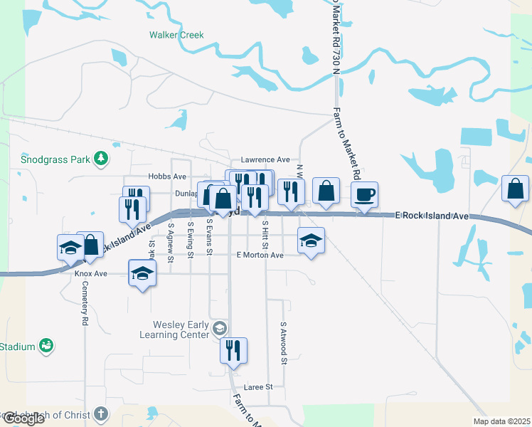 map of restaurants, bars, coffee shops, grocery stores, and more near Texas 114 in Boyd