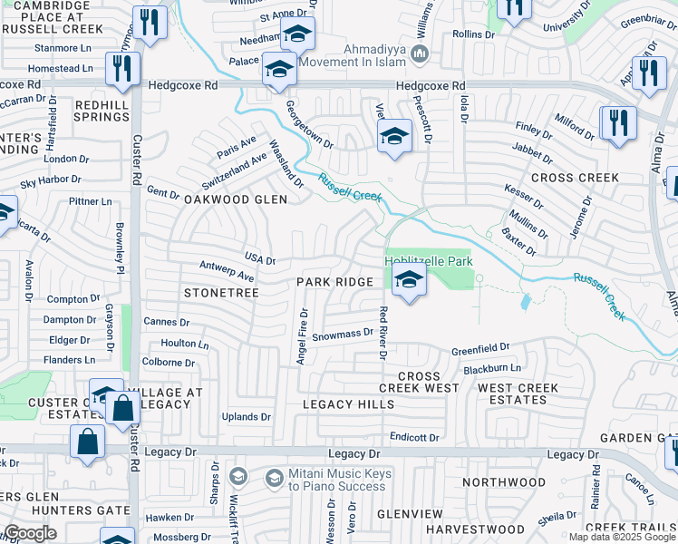 map of restaurants, bars, coffee shops, grocery stores, and more near 1800 Antwerp Avenue in Plano