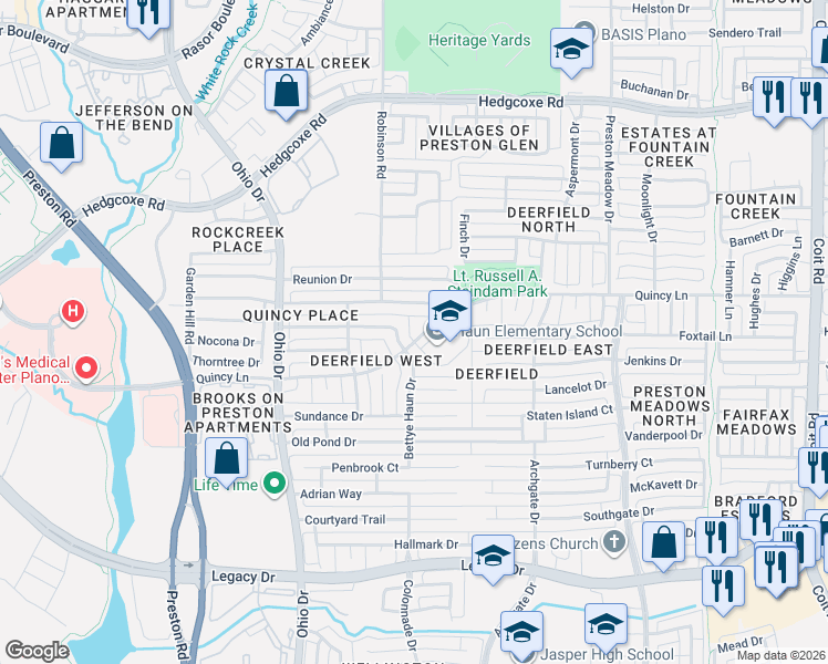 map of restaurants, bars, coffee shops, grocery stores, and more near 7300 Penny Place in Plano