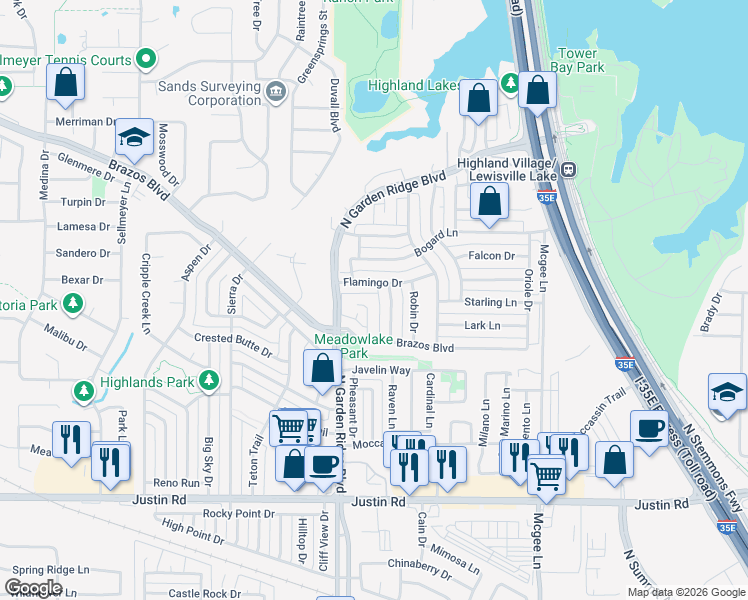 map of restaurants, bars, coffee shops, grocery stores, and more near 2140 Teal Court in Lewisville